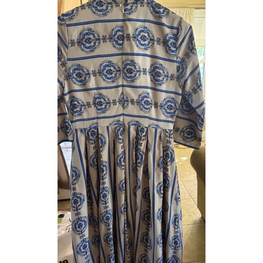 Dainty Jewells Modest Midi Dress Med Beige & Blue Cottage Core Retro Mad Men - Picture 5 of 8